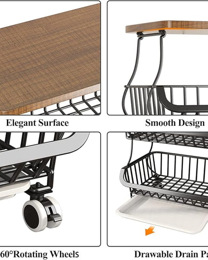 Wisdom Star 5 Tier Fruit Vegetable Basket for Kitchen with Wooden Tabletop, Storage Cart Vegetable Basket Bins for Onions and Potatoes, Wire Storage Basket Organizer Utility Cart with Wheels, Black - LeafyLoom