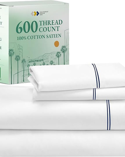 California Design Den Luxury Queen Size Sheet Set - 100% Cotton, 600 Thread Count Deep Pocket Queen Sheets, Hotel-Quality Bedding with Sateen Weave - White Embroidered Navy - LeafyLoom
