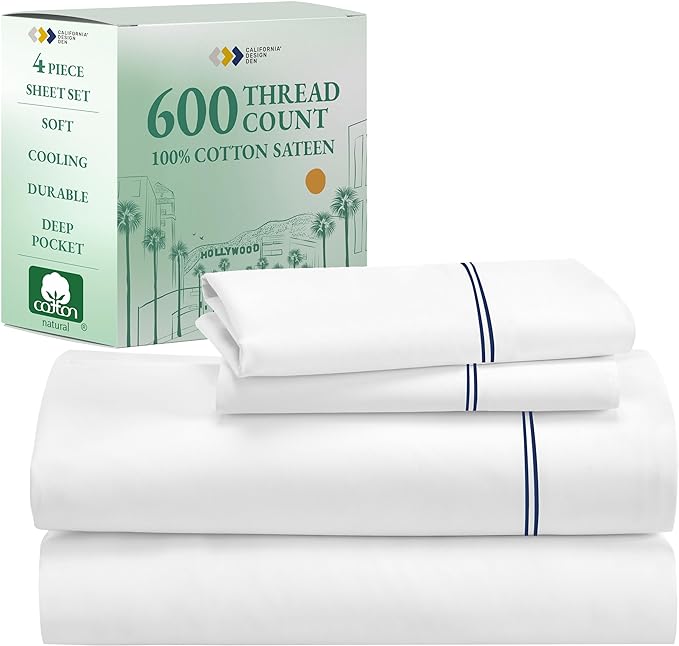 California Design Den Luxury King Size Sheet Set - 100% Cotton, 600 Thread Count Deep Pocket King Sheets, Hotel-Quality Bedding with Sateen Weave - White Embroidered Navy - LeafyLoom
