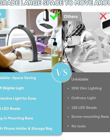 MYSWEETY Foldable Half Moon Nail Desk Lamp, 23 Inch Lash Light Led Nail Tech Lamp for Desk, Half Moon Light with Phone Holder, Estheticians Table Lamp for Tattoo, Lash Eyelash Extension(Black) - LeafyLoom