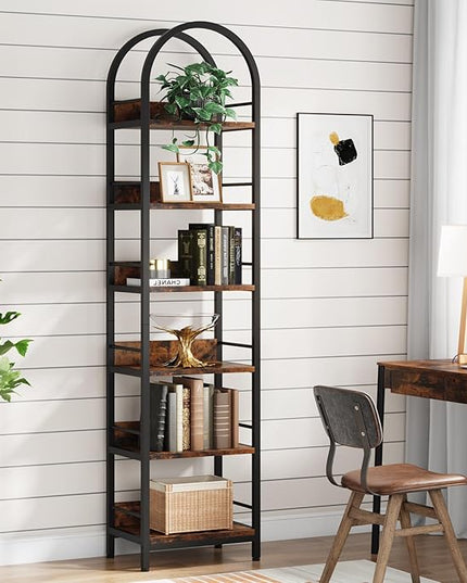 78.7 Inches Tall Arched Bookshelf, 6 Tiers Skinny Open Bookcase with Metal Frame, Freestanding Corner Display Shelves Rack for Living Room, Home Office, Brown - LeafyLoom