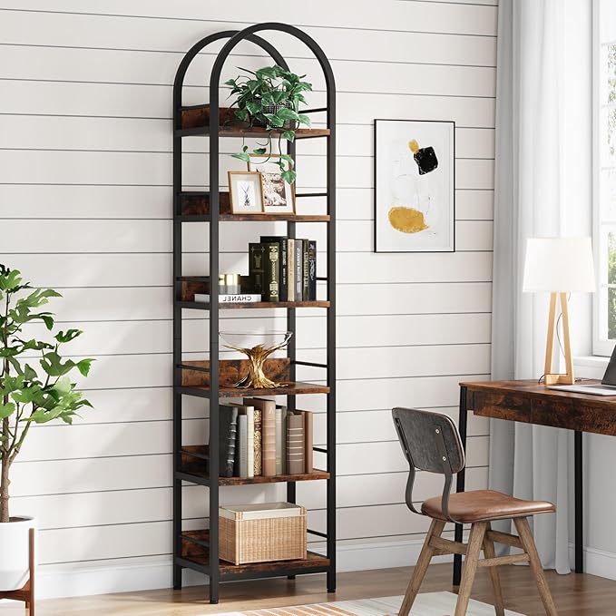 78.7 Inches Tall Arched Bookshelf, 6 Tiers Skinny Open Bookcase with Metal Frame, Freestanding Corner Display Shelves Rack for Living Room, Home Office, Brown - LeafyLoom
