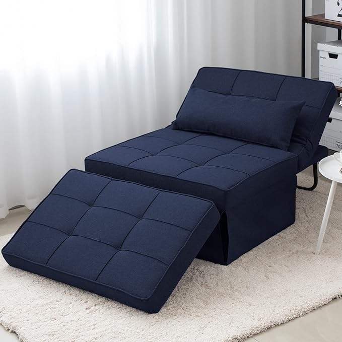 Sofa Bed, 4 in 1 Multi-Function Folding Ottoman Breathable Linen Couch Bed with Adjustable Backrest Modern Convertible Chair for Living Room Apartment Office,Blue - LeafyLoom