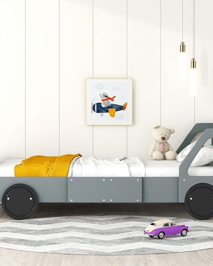 Twin Size Car-Shaped Bed Frame for Kids,Wooden Platform Bed with Wheels and Side Rails for for Boys Girls,Wood Slat Supports,No Box Spring Needed,Gray - LeafyLoom