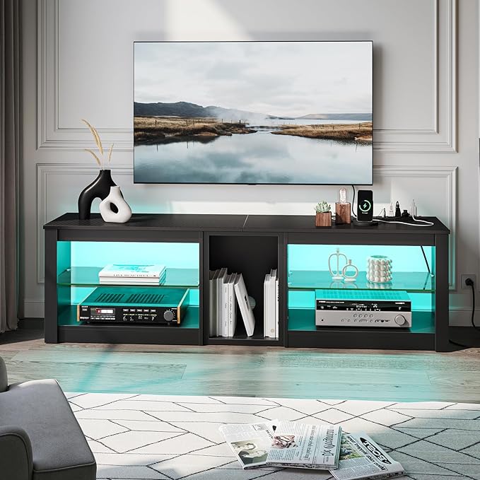 Bestier TV Stand for 70 inch TV with Power Outlets, LED Entertainment Center for PS5, Gaming TV Consoles with Glass Shelves for Living Room, 63'' Inch, Black Carbon Fiber - LeafyLoom