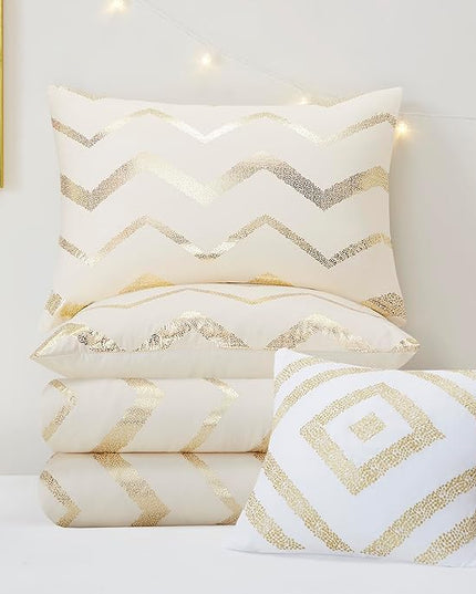 Codi Cream White and Gold Comforter Set for Twin/Twin XL Size, Cute Metallic Ivory Bed Sets, 3 Piece (1 Matching Sham + 1 Decorative Pillow) - LeafyLoom