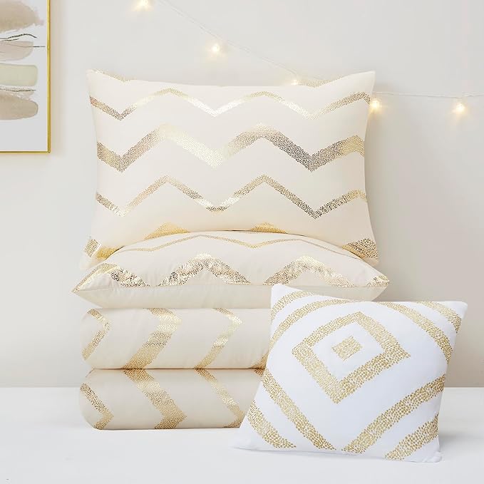 Codi Cream White and Gold Comforter Set for Twin/Twin XL Size, Cute Metallic Ivory Bed Sets, 3 Piece (1 Matching Sham + 1 Decorative Pillow) - LeafyLoom