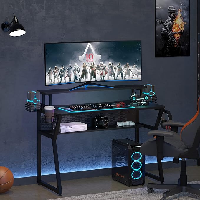 Gaming Desk, Computer Desk with Large Monitor Stand and Open Shelf,Gamer Table Workstation with Cup Holder, Headphone Hook, 2 Speaker Stand for Home Office (Black Carbon Fiber) - LeafyLoom