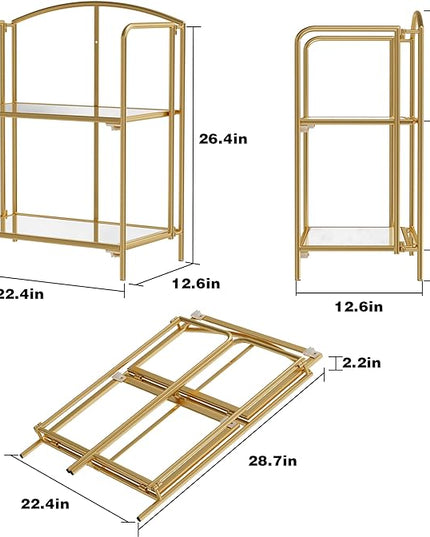 No Assembly Folding Bookshelf, 2 Tier Gold Bookshelf, Metal Book Shelf for Storage, Folding Bookcase for Office Organization and Storage, 12.6" D x 22.44" W x 28.74" H - LeafyLoom