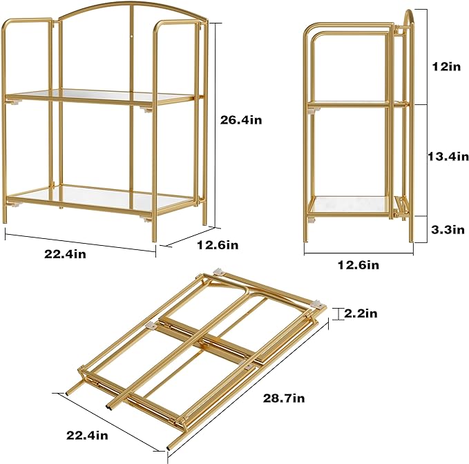 No Assembly Folding Bookshelf, 2 Tier Gold Bookshelf, Metal Book Shelf for Storage, Folding Bookcase for Office Organization and Storage, 12.6" D x 22.44" W x 28.74" H - LeafyLoom