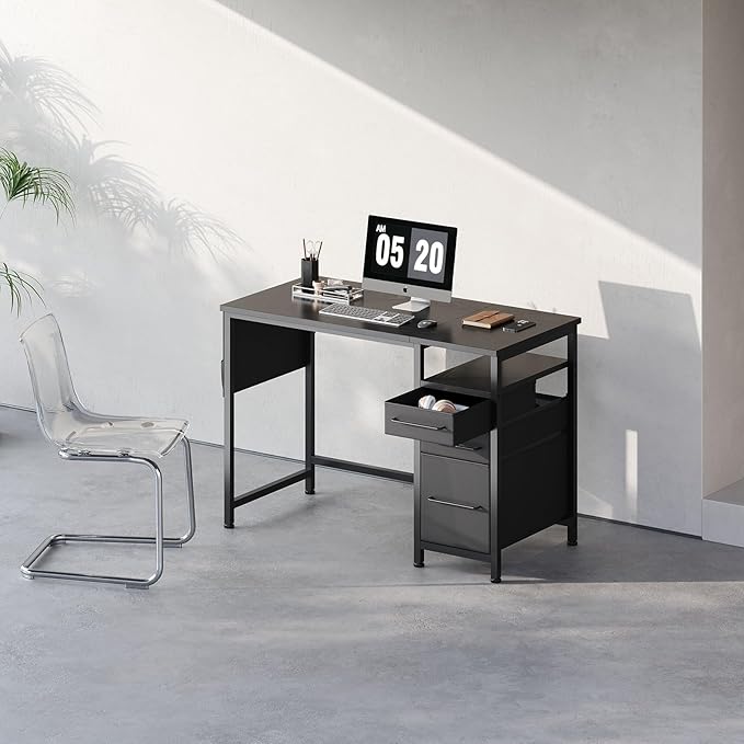 Ｍａｉｈａｉｌ Maihail Small Desk with Drawers, 40 inch Computer Desk with Shelves, Writing Desk with Storage, Small Office Desk with Metal Frame, Black - LeafyLoom