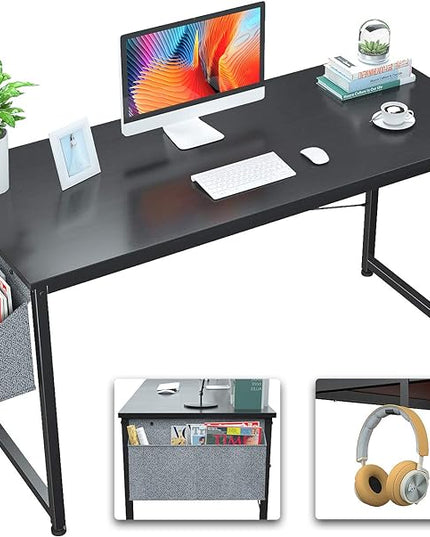 Foxemart Computer Desk 47" Office Desks Writing Study Desk Modern Simple PC Laptop Notebook Table with Storage Bag and Iron Hook for Home Office Workstation, Black - LeafyLoom