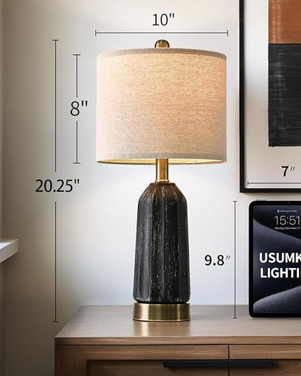20.25" - Modern Ceramic Bedside Lamp with USB C+A Charging Ports, Table Lamp for Living Room, Bedroom, Nightstand Lamp, Farmhouse Table Lamp (Black)-Single - LeafyLoom