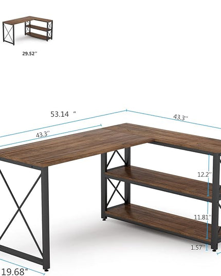 Tribesigns Reversible Industrial L-Shaped Desk with Storage Shelves, Corner Computer Desk PC Laptop Study Table Workstation for Home Office Small Space (Brown, 53") - LeafyLoom