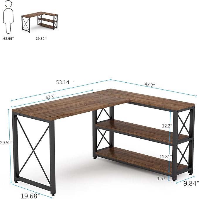 Tribesigns Reversible Industrial L-Shaped Desk with Storage Shelves, Corner Computer Desk PC Laptop Study Table Workstation for Home Office Small Space (Brown, 53") - LeafyLoom