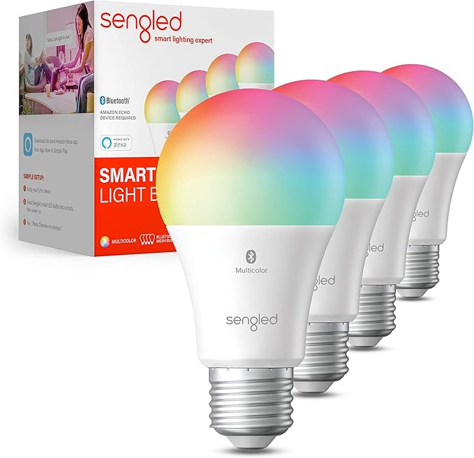 Sengled Light Bulb, S1 Auto Pairing with Alexa Devices, Color Changing , Smart Light that Work with , Bluetooth Mesh Smart Home Lighting, E26 60W Equivalent, 800LM, 4 Count (Pack of 1) LeafyLoom