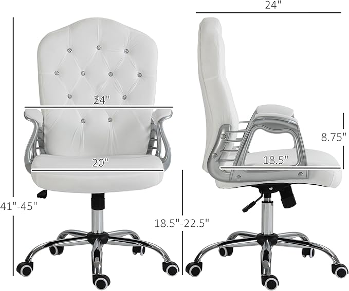 Vinsetto Home Office Chair, Velvet Computer Chair, Button Tufted Desk Chair with Swivel Wheels, Adjustable Height, and Tilt Function, White - LeafyLoom
