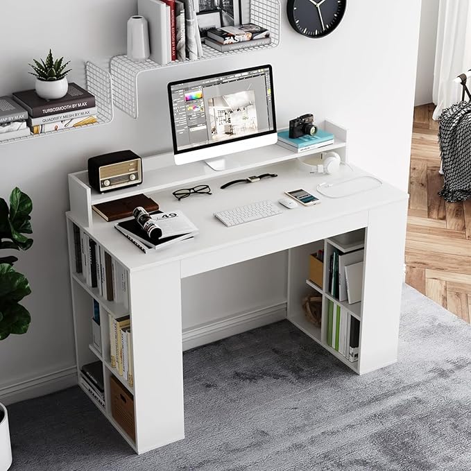 Computer Desk with Bookshelf, 48” Home Office Desk with 2 Open Shelves of 10 Cubbies, Monitor Shelf, Writing Desk Computer Workstation for Home, Office, Bedroom - LeafyLoom