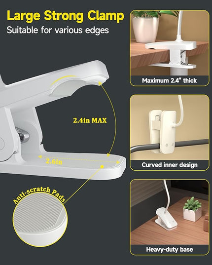 CUHIOY Desk Lamp with Clamp, Portable Cordless Rechargeable Clip on Reading Light, Eye-Caring LED Kid's Bunk Bed Light, 5 Colors 5 Brightness Flexible Neck Architect Lamp for Studying Crafting (White) - LeafyLoom