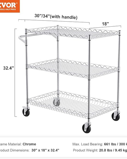 VEVOR Kitchen Utility Cart, 3 Tiers, Wire Rolling Cart with 661 LBS Capacity, Steel Service Cart on Wheels, Metal Storage Trolley with 80 mm Deep Basket Curved Handle 6 Hooks, NSF Listed - LeafyLoom