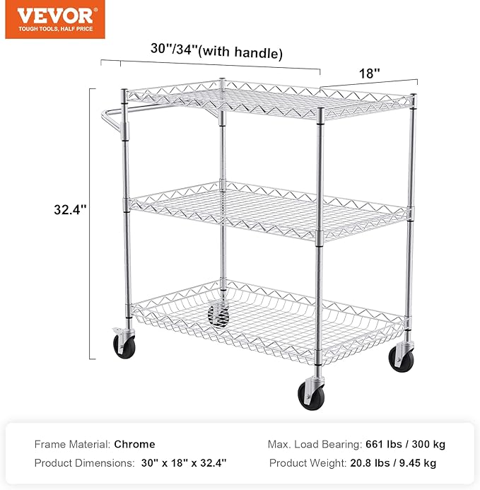 VEVOR Kitchen Utility Cart, 3 Tiers, Wire Rolling Cart with 661 LBS Capacity, Steel Service Cart on Wheels, Metal Storage Trolley with 80 mm Deep Basket Curved Handle 6 Hooks, NSF Listed - LeafyLoom