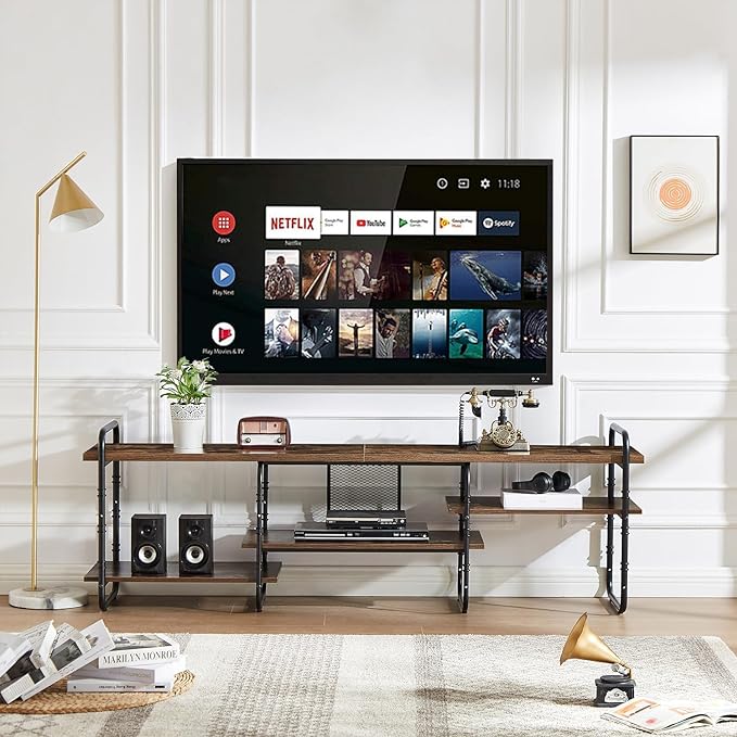 VECELO Industrial Television Stand up to 75 Inch TV Entertainment Center/Media Console Table with Open Storage Shelves for Living Room/Bedroom, Classic Brown - LeafyLoom
