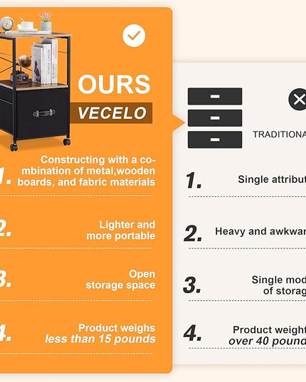 VECELO File Cabinet, Rolling Printer Stand with Large Fabric Drawer, Storage Cabinet Fits Letter Size, Ideal for Small Spaces, Apartments and Bedroom, Easy to Install, Brown+Black,2 Set - LeafyLoom