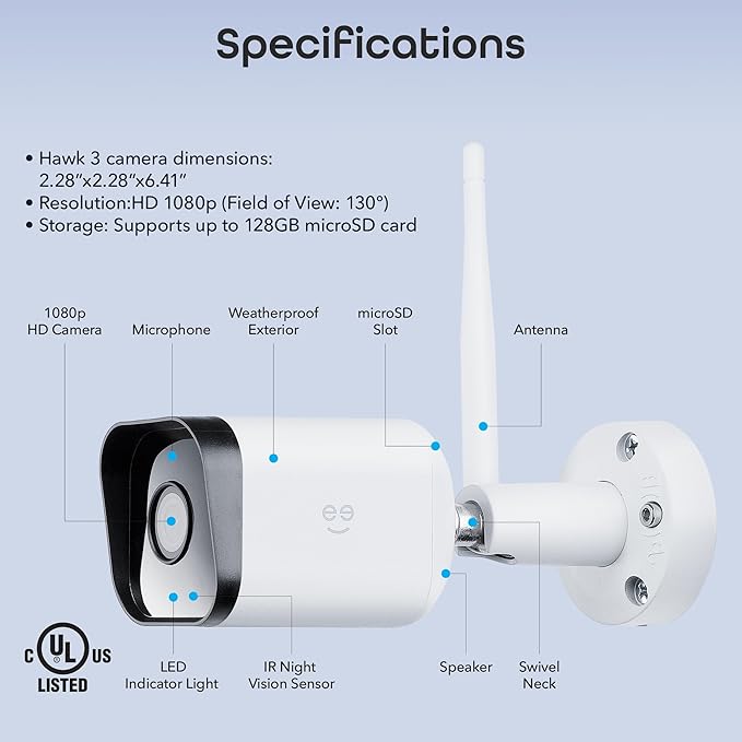Geeni Hawk 3 Outdoor Security Camera, 1080p HD, Weatherproof, Motion Detection, Night Vision, Two-Way Audio, Cloud & MicroSD Storage, Alexa & Google Assistant Compatible, Wi-Fi, 2-Pack Geeni
