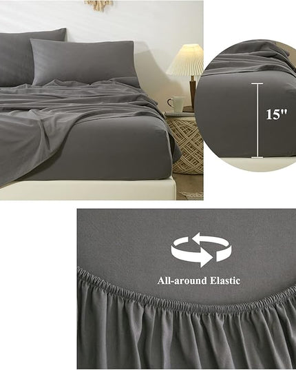 HighBuy Cooling Bed Sheets King 4 Piece Grey Bedding Sheet & Pillowcases Set,King Size Deep Pocket Fits Up to 16" Mattress,Easy Fit Fitted Sheets,Cooling Microfiber Sheets - LeafyLoom