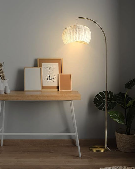 Brightech Wave Arched Floor Lamp – Unique Hanging Wicker Shade for Living Rooms – Rattan Style Matches Boho and Other Décor – Arcs Over Sofas and Dining Tables for Compliments - Brass - LeafyLoom