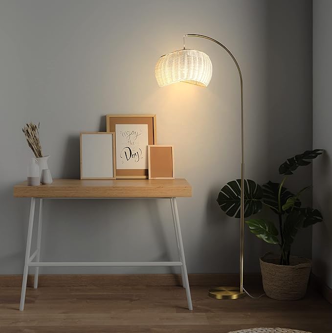 Brightech Wave Arched Floor Lamp – Unique Hanging Wicker Shade for Living Rooms – Rattan Style Matches Boho and Other Décor – Arcs Over Sofas and Dining Tables for Compliments - Brass - LeafyLoom