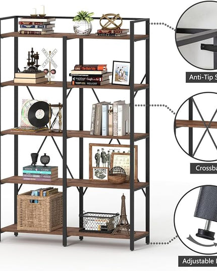 BON AUGURE Industrial Bookshelves and Bookcases, Farmhouse Large Book Shelves, 5 Tier Heavy Duty Open Bookcase, Tall Wood Metal Shelving Unit for Living Room, Bedroom, Office (Rustic Oak) - LeafyLoom