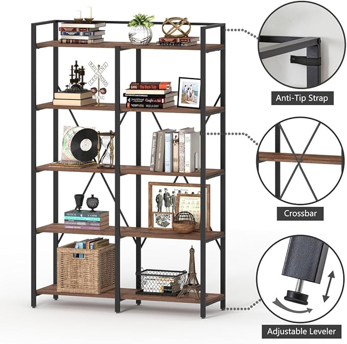BON AUGURE Industrial Bookshelves and Bookcases, Farmhouse Large Book Shelves, 5 Tier Heavy Duty Open Bookcase, Tall Wood Metal Shelving Unit for Living Room, Bedroom, Office (Rustic Oak) - LeafyLoom