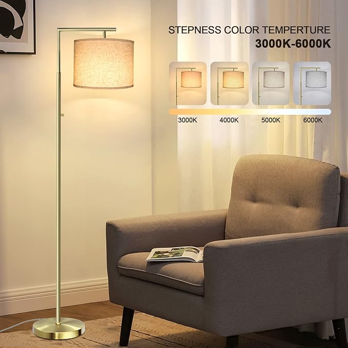 Dimmable Floor Lamp, 4-Color Temperature Modern Standing Lamp with Remote Control & Beige Shade, Tall Pole Floor Lamp for Living Room, Bedroom, Study Room, Office (LED Bulb Included) - Gold - LeafyLoom