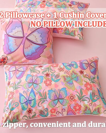 Butterfly Bedding Set Twin, Pink Butterfly Comforter Set for Girls Kids Teens 6 pcs Bed in a Bag Twin Bedding Sets for Girls - LeafyLoom