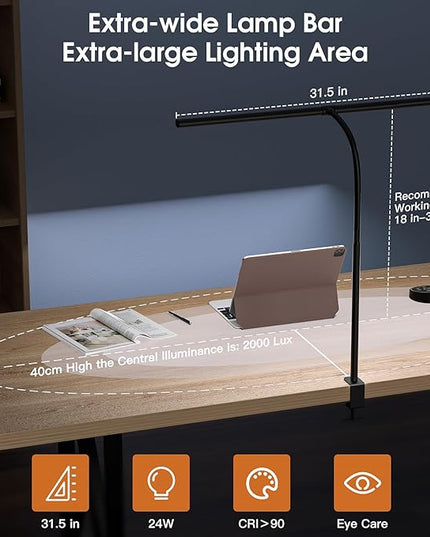 Desk Lamp 31.5" W, Desk Lamp for Home Office, Gesture Sensing Desk Light, Monitor Light, Adjustable Color Temperature & Brightness, Table Lamp 24W Brightest, Black - LeafyLoom