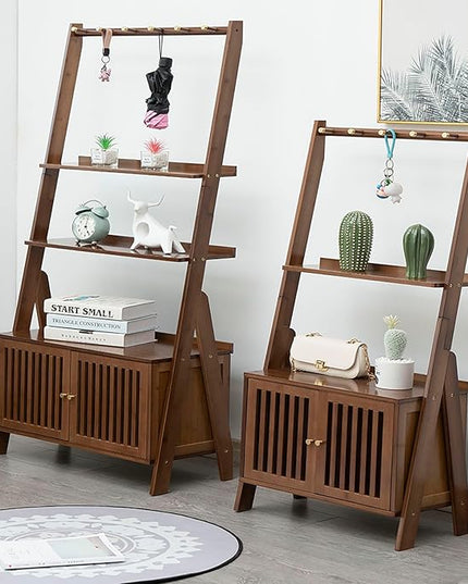 Bamboo Ladder Shelf Modern Wood Bookshelf Tall Bookcase Leaning Wall Shelves Open Standing Storage Rack Shelves for Living Room, Bathroom, Kitchen, Office(Brown, 4 Tier-21x11x59) - LeafyLoom