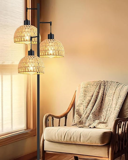 Tree 3-Lights Floor Lamp for Living Room,Bedroom,Rattan Boho Floor Lights,Industrial Black Farmhouse Standing Lamp Wicker Rustic Adjustable Tall Lamp,Woven Bamboo LampShade Floor Lamps Bohemian - LeafyLoom