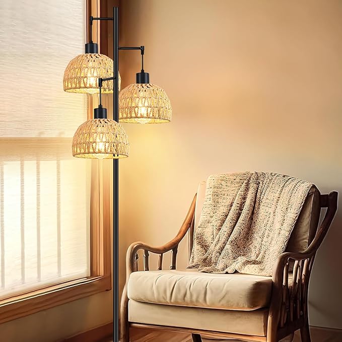 Tree 3-Lights Floor Lamp for Living Room,Bedroom,Rattan Boho Floor Lights,Industrial Black Farmhouse Standing Lamp Wicker Rustic Adjustable Tall Lamp,Woven Bamboo LampShade Floor Lamps Bohemian - LeafyLoom