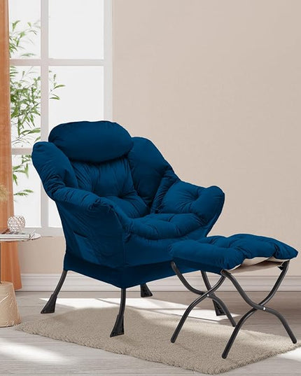 Lazy Chair with Folding Ottoman, Accent Chair Velvet Upholstered with Metal Structure and Non-Slip Pads, Sofa Armchair with Footrest and Side Storage Bag for Dorm, Room, Office, Blue - LeafyLoom
