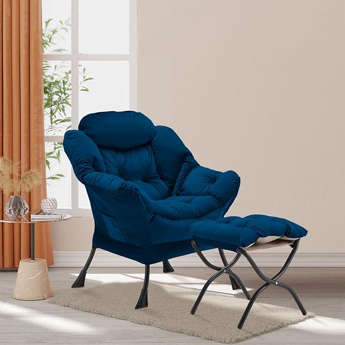 Lazy Chair with Folding Ottoman, Accent Chair Velvet Upholstered with Metal Structure and Non-Slip Pads, Sofa Armchair with Footrest and Side Storage Bag for Dorm, Room, Office, Blue - LeafyLoom