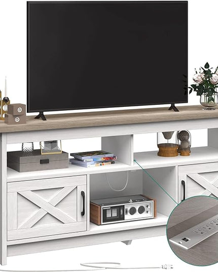 YITAHOME TV Stand for 65 Inch TV with Power Outlet, Farmhouse TV Media Console Table with Storage Cabinets and Open Shelf, Mid Century Modern Entertainment Center for Living Room, Grey White/Grey Wash - LeafyLoom