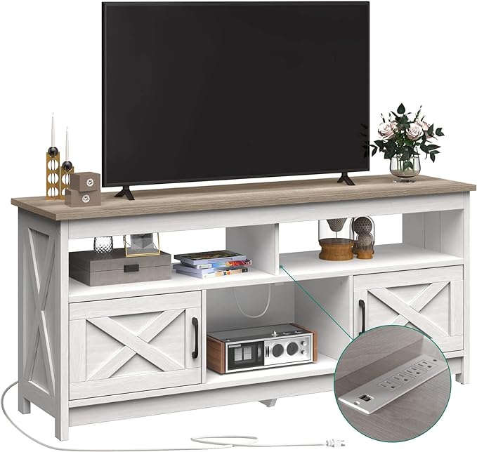 YITAHOME TV Stand for 65 Inch TV with Power Outlet, Farmhouse TV Media Console Table with Storage Cabinets and Open Shelf, Mid Century Modern Entertainment Center for Living Room, Grey White/Grey Wash - LeafyLoom