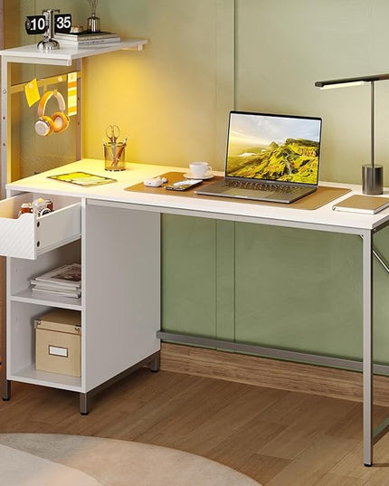 Bestier Gaming Desk with Drawer and LED Lights, 48 inch Computer Desk PC Table with Adjustable Storage Shelves & Hook for Home Office, Carbon Fiber White - LeafyLoom