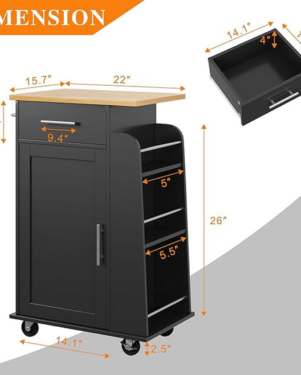 Shintenchi Small Kitchen Island on Wheels with 3-Tier Side Spice Rack and Rubber Wood Top, Trolley Cart with Storage Cabinet & Drawer and Handle/Towel Rack, Black - LeafyLoom
