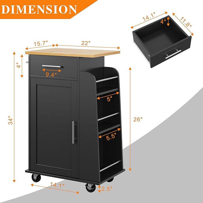 Shintenchi Small Kitchen Island on Wheels with 3-Tier Side Spice Rack and Rubber Wood Top, Trolley Cart with Storage Cabinet & Drawer and Handle/Towel Rack, Black - LeafyLoom