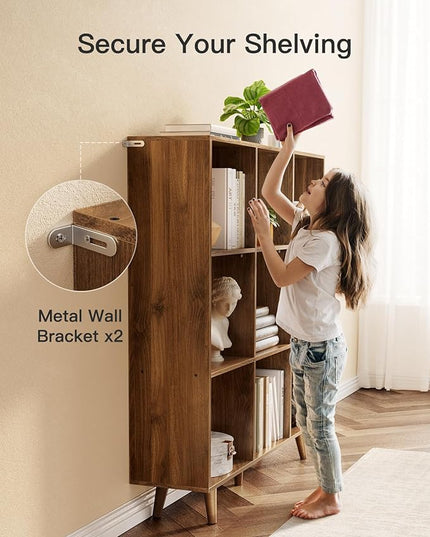 Pipishell 9-Cube Bookshelf, Bookcase with 3 Height-Adjustable Shelves and Solid Legs, Cube Storage Shelf, Modern Freestanding Open Bookshelf for Living Room, Bedroom (Walnut) - LeafyLoom