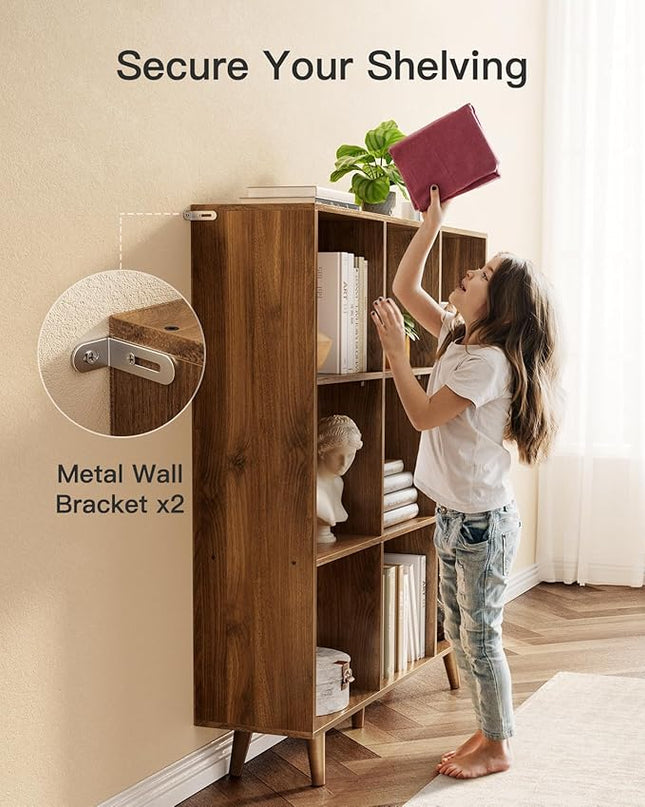 Pipishell 9-Cube Bookshelf, Bookcase with 3 Height-Adjustable Shelves and Solid Legs, Cube Storage Shelf, Modern Freestanding Open Bookshelf for Living Room, Bedroom (Walnut) - LeafyLoom