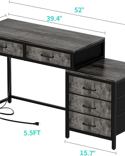 Unikito Computer Desk with 5 Drawers, Reversible Home Office Desk with Power Outlets, Sturdy Writing Desk with File Cabinet and Printer Stand, Vanity Desk with Storage for Small Space, Black Oak - LeafyLoom