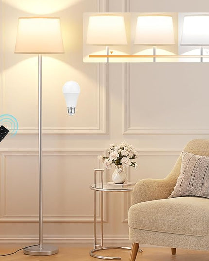 【Upgraded】Floor Lamps for Living Room, Modern Floor Lamp with Remote Control, Dimmable Colors Temperature Standing Lamp Foot Switch, 9W Bulb Tall Lamps for Bedroom Office Kid Room - Silver - LeafyLoom